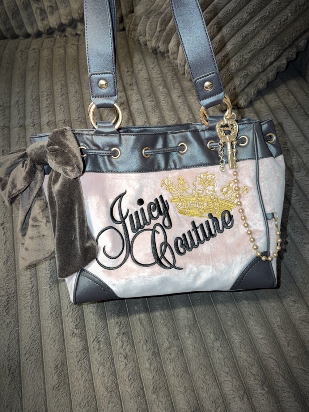 Juicy Couture Pink Velvet Shoulder Bag with Gold Crown Accent